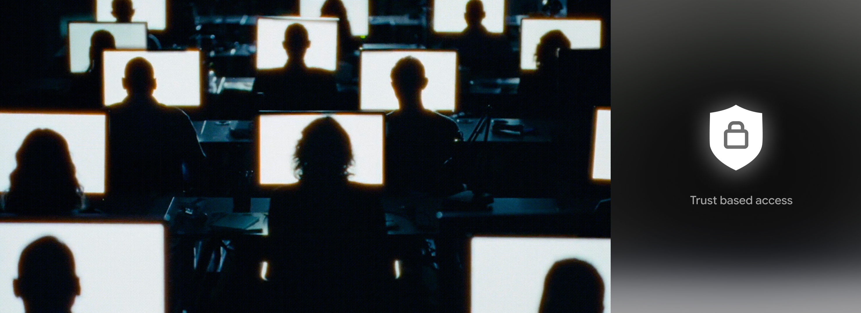 Responsible feature access — silhouetted users at monitors with trust-based access tile